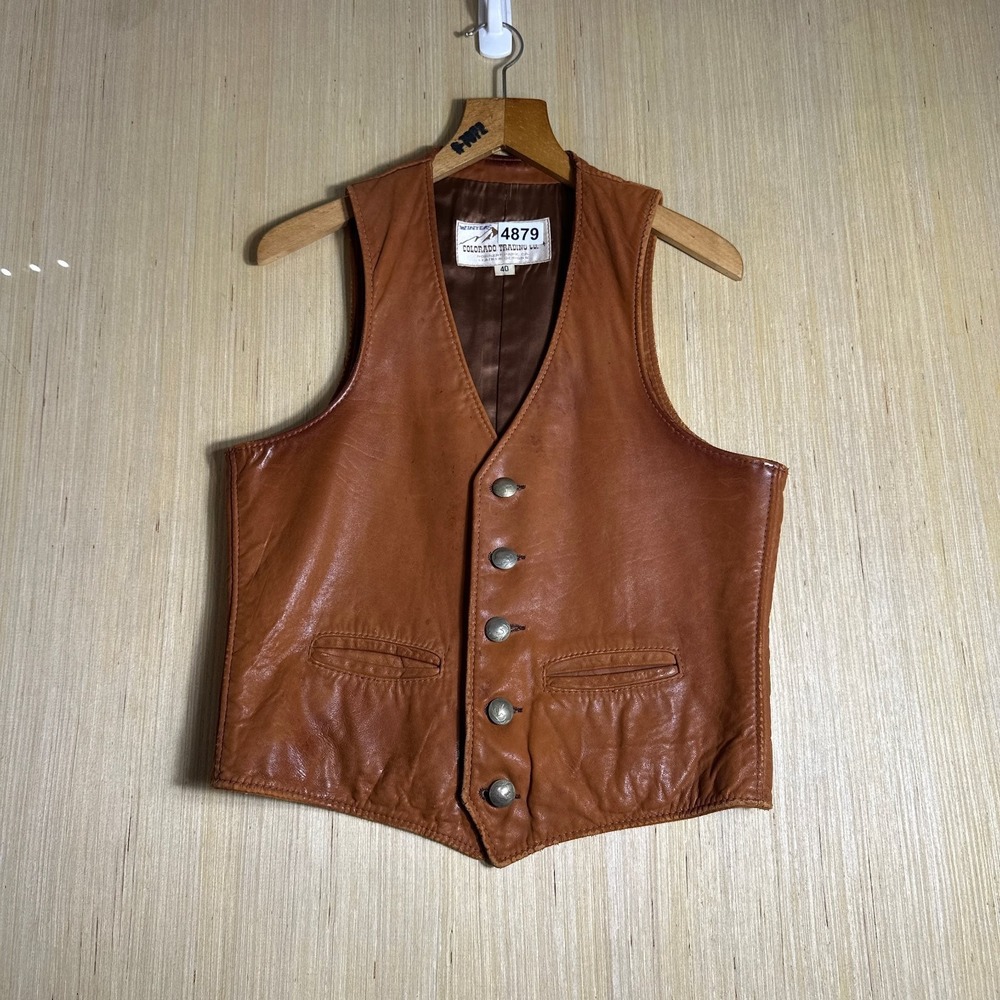 Vintage Winter Colorado Trading Co. Leather Button Vest Mens 40 Brown 80s